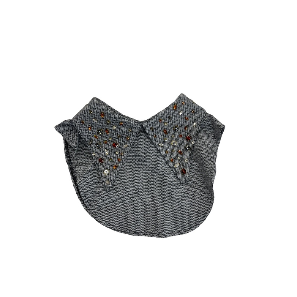 Lele Sadoughi Payton Mixed Crystal Pointed Collar Charcoal Twill Herringbone NWT